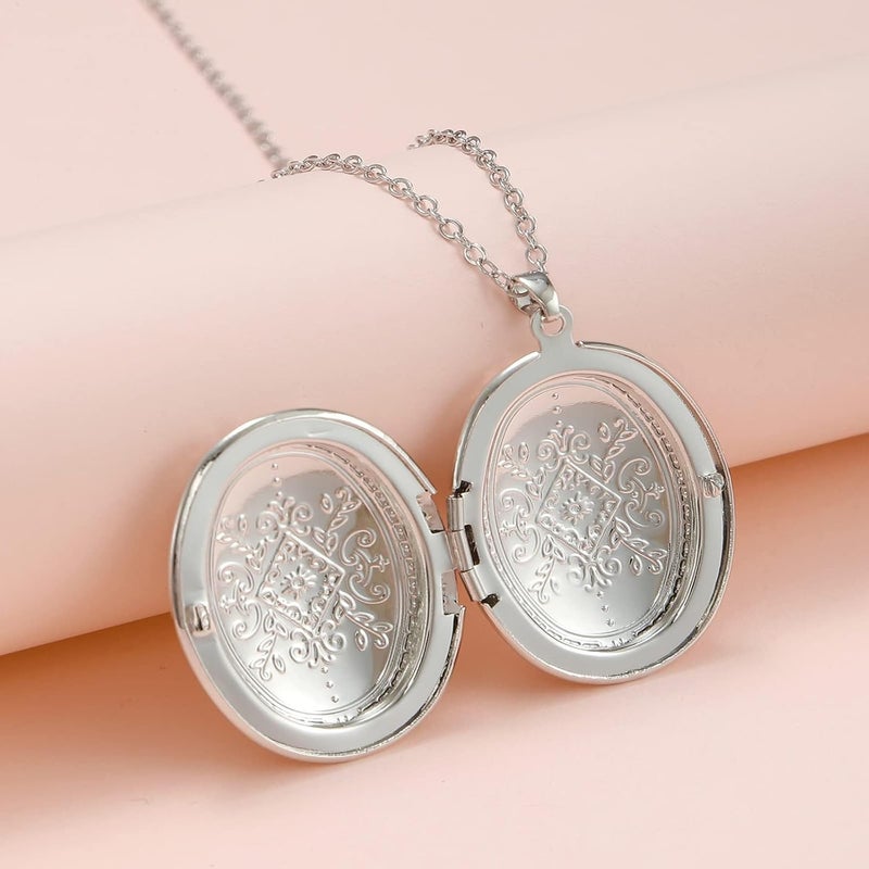 SCRDPRAD Vintage Engraved Flower Empaistic Photo Locket Hold Picture Oval Round Pendant Necklace Antique Carved Pattern Souvenir Memorial Clavicle Sweet Jewelry for Women - Image 3
